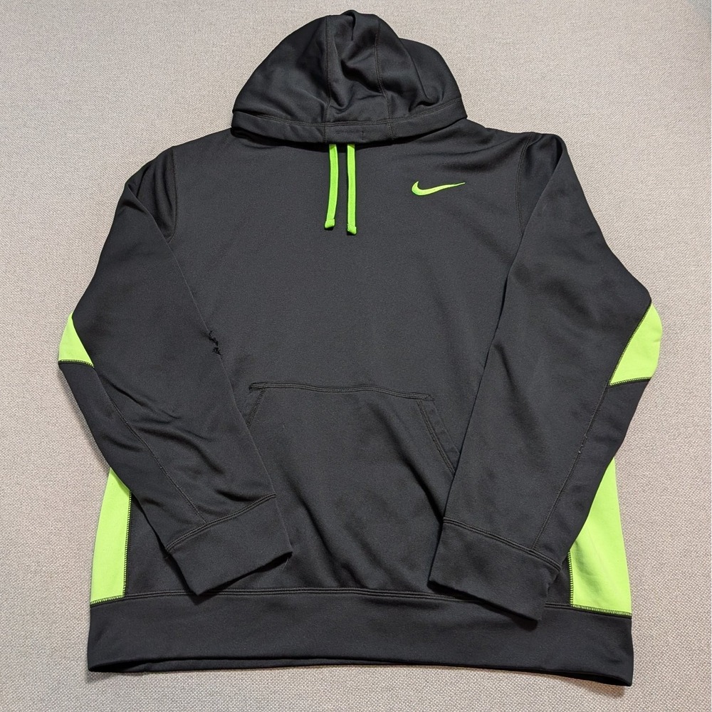 Nike Men's Hoodie Gray Neon Green XL Therma-FIT Pullover Activewear Flaws